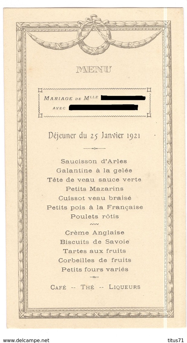Menu De Mariage - Déjeuner Du 25 Janvier 1921 - Menus