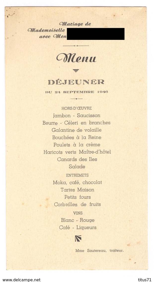 Menu De Mariage - Déjeuner Du 24 Septembre 1946 - Menus