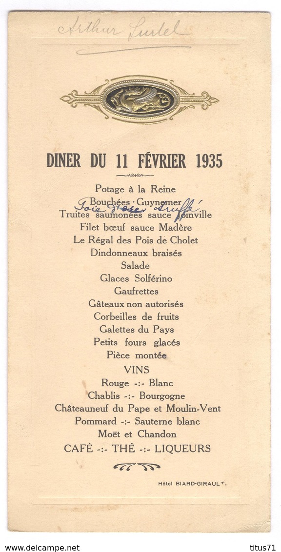 Menu Diner Du 11 Février 1935 - Menus