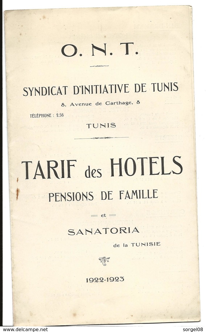 Tunisie TUNIS Tarif Des Hotels Pensions De Famille Et Sanatoria De La Tunisie 1922 1923 - Dépliants Touristiques