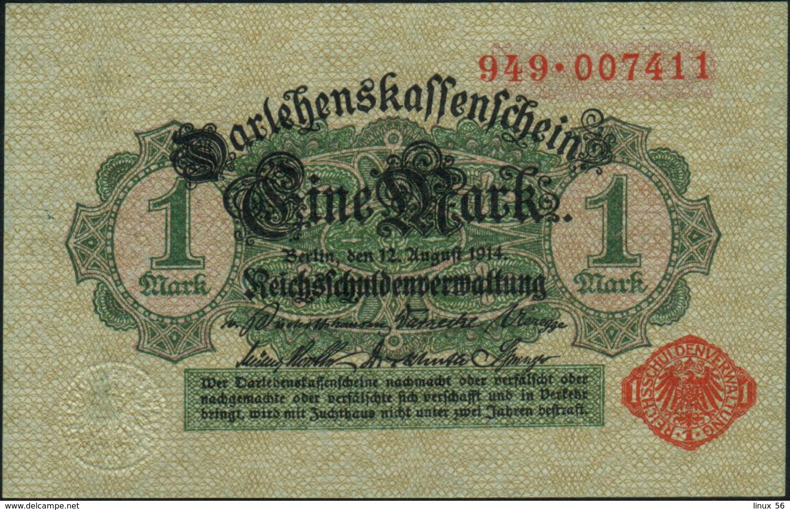 GERMANY - 1 Mark 12.08.1914 UNC P.51 - Imperial Debt Administration