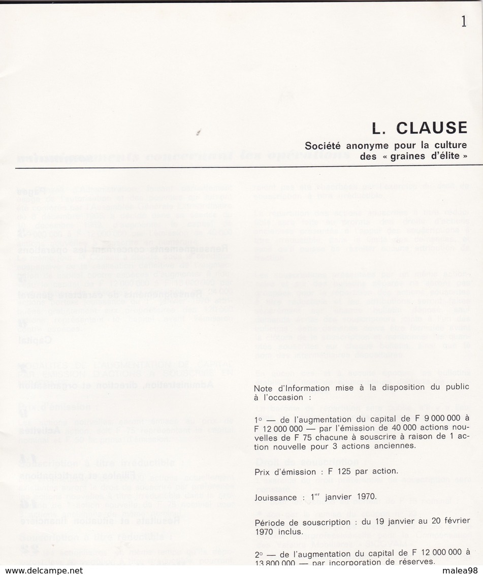 L. CLAUSE   BRETIGNY SUR ORGE ,NOTE D'INFORMATION MISE A LA DISPOSITION DU PUBLIC , RELATIVE A L'AUGMENTATION DU CAPITAL - A - C