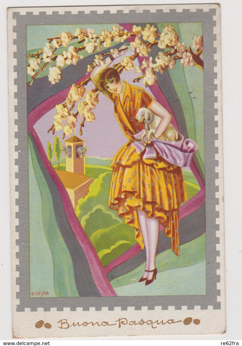 Cartolina Illustrata BONORA,  Ragazza A Pasqua  - F.p.  - Anni  '1910 - Altri & Non Classificati