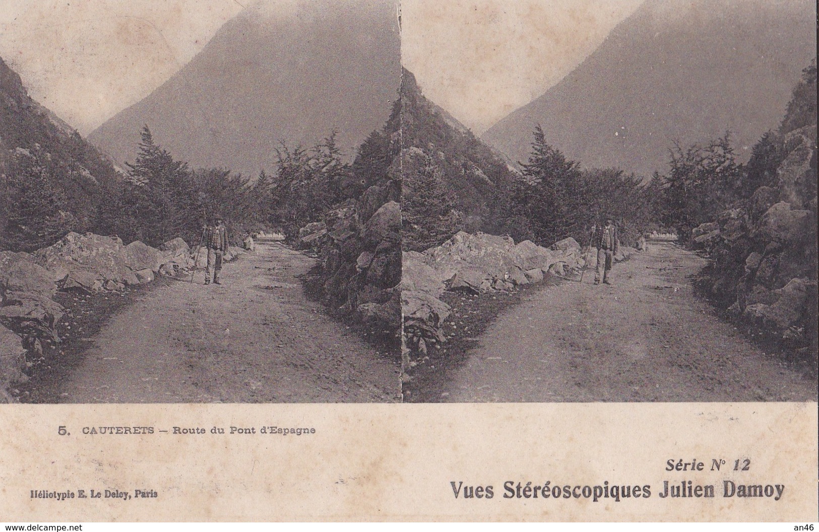 CAUTERETS ROUTE DU PONT D'ESPAGNE  VUES STEREOSCOPIQUESS JULIEN DAMOY SERIE N.12 AUTENTICA 100% - Cartoline Stereoscopiche