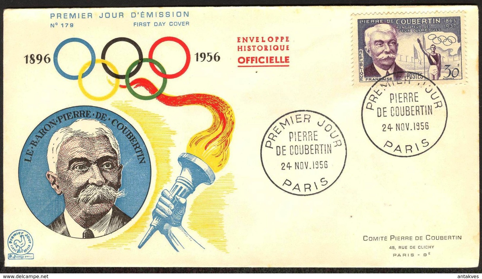 {F046} France 1956 Olympics Coubertin FDC See Scan !! - 1950-1959