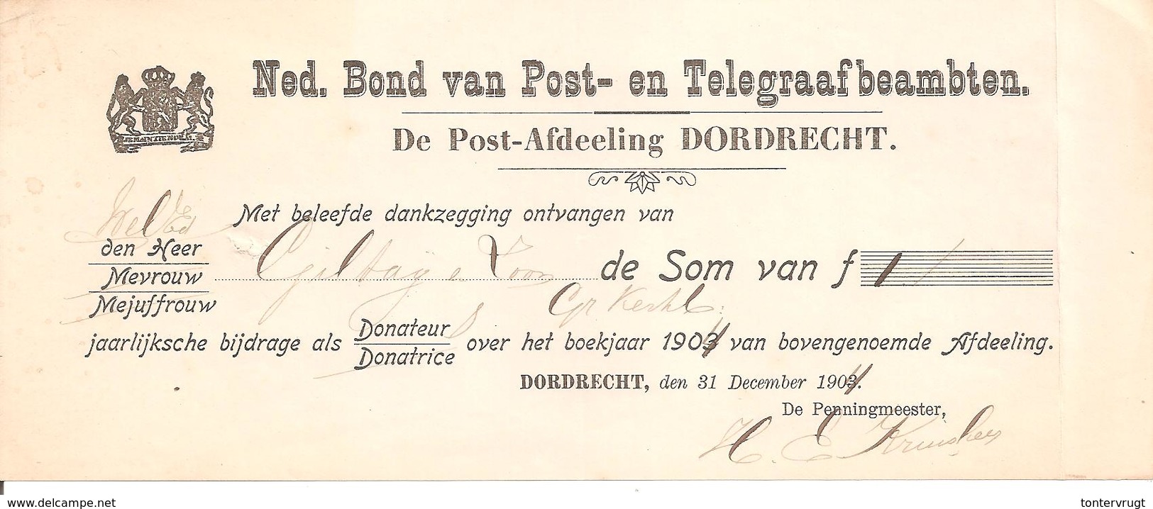 Ned.Bond Van Post- En Telegraafbeambten Afd. Dordrecht - Brieven En Documenten