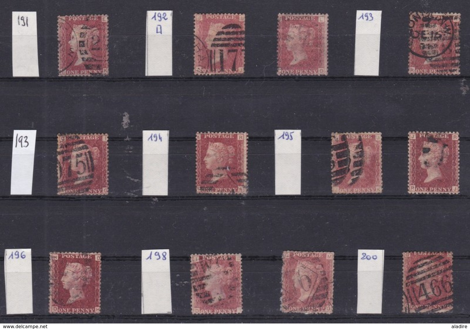 GB - 1858-1864 - Queen Victoria - SG 38 - YT 26 - Lot Of 12 ONE Penny Red - 4 Large Letters -  Plate Numbers 191 To 200 - Used Stamps