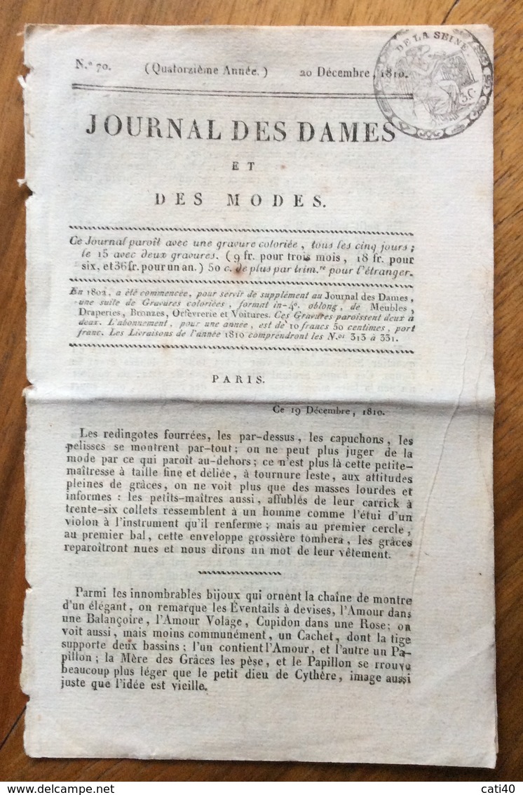 BOLLO SEGNATASSE PER GIORNALI  3 CENT.  DE LA SEINE Su  JOURNAL DES DAMES  ET DES MODES  20/12/1810 - Ante 1900