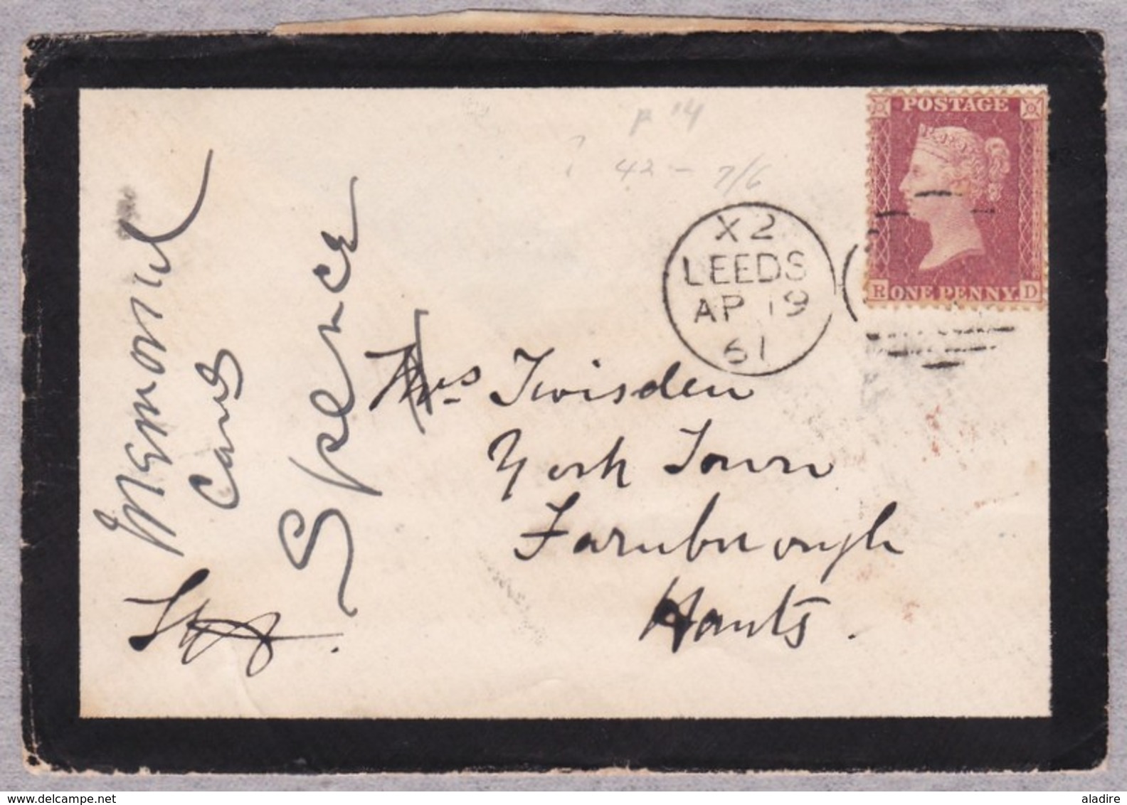 GB - 1858-1864 - 1 Penny Red  Queen Victoria  Mourning Letter From LEEDS To FARNBOROUGH - Transit Cancels At The Back - Covers & Documents