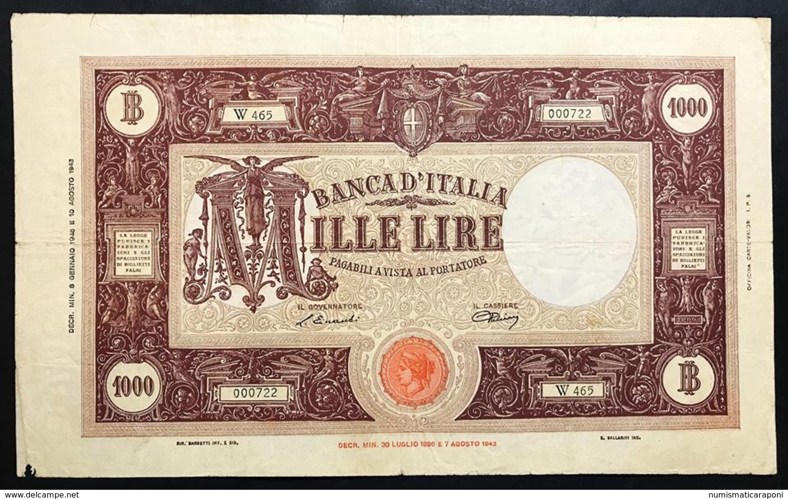 1000 Lire Grande M Testina B.I. 08 01 1946 MB Naturale Piccola Mancanza LOTTO 2345 - 1000 Lire