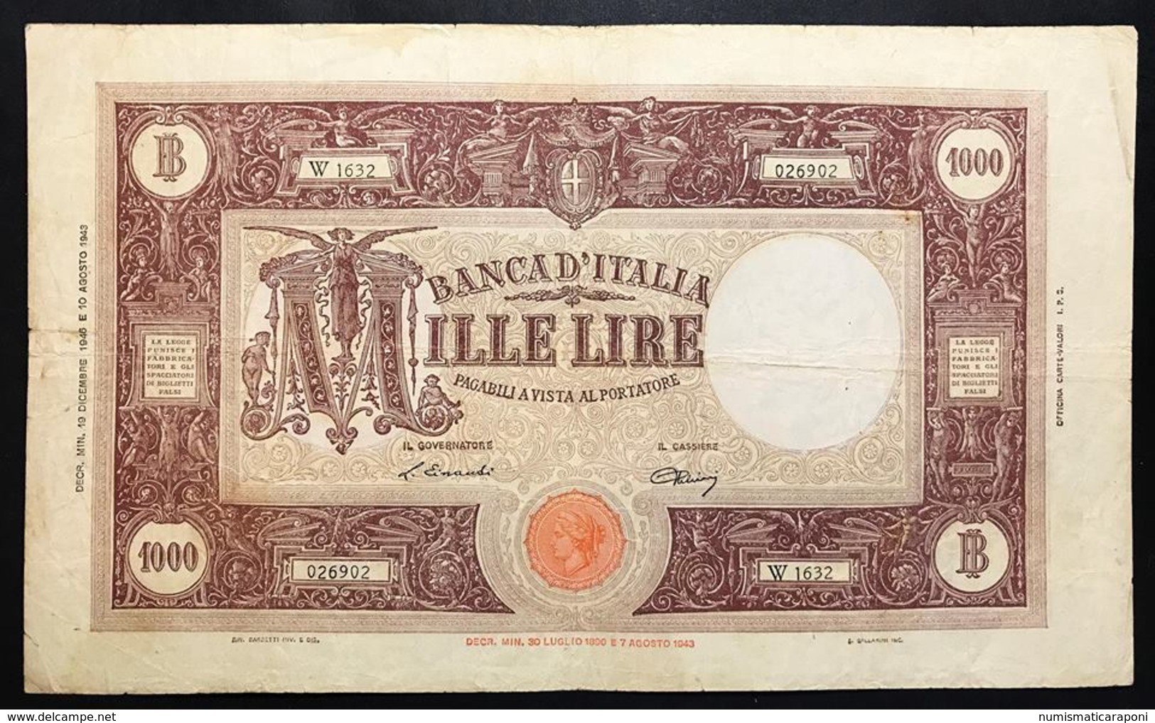 1000 LIRE BARBETTI REPUBBLICA 19 12 1946 BIGLIETTO NATURALE MB/BB LOTTO 2289 - 1000 Lire