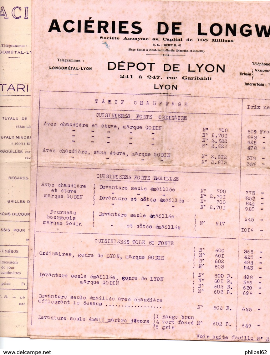 Double Feuillet De 4 P. Aciéries De Longwy, Appareils De Chauffage, Cuisinières, Faitout, Fourneaux, Gaufriers. - 1900 – 1949