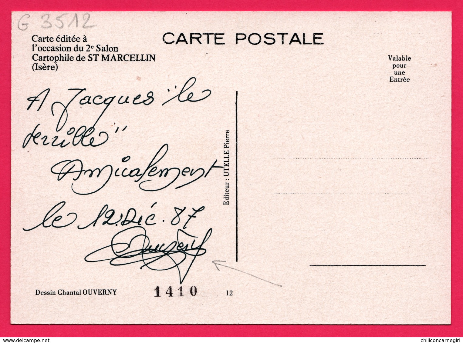 Cp Bourses Et Salons De Collections - Saint Marcellin - Isère - Kiosque - Dessin Et Autographe CHANTAL OUVERNY - 1987 - Bolsas Y Salón Para Coleccionistas