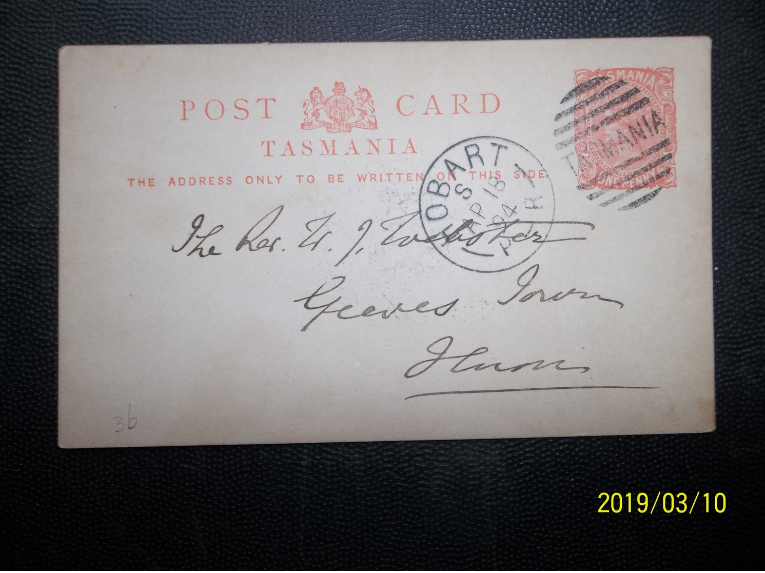 Tasmania, Australia: 1894 Postal Card To (?) (#VN11) - Briefe U. Dokumente