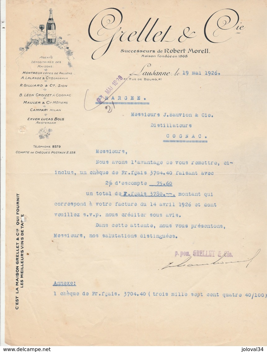 Suisse Facture Lettre Illustrée 19/5/1926 GRELLET  Ex Morell Vin LAUSANNE - Switzerland