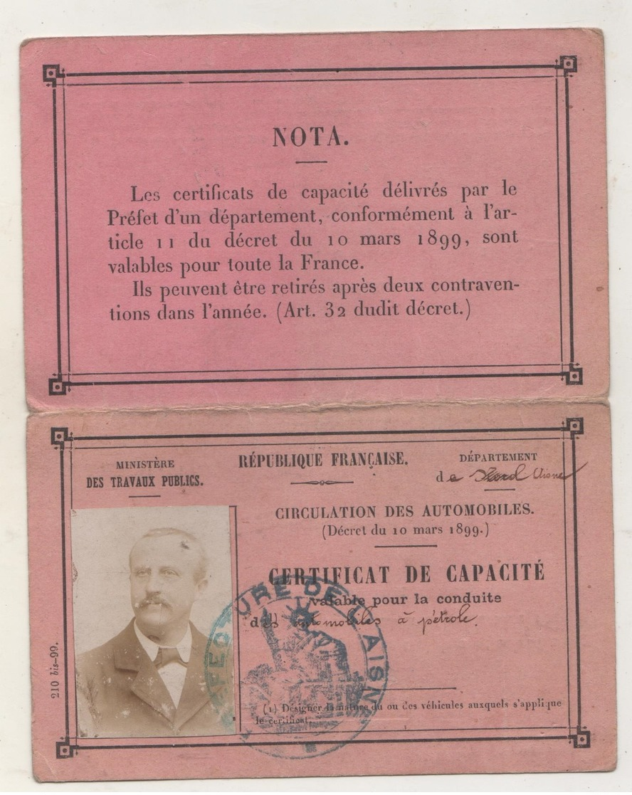 Certificat De Capacité Pour Conduite Automobiles à Pétrole. La Fère, Aisne 1900 - Non Classés