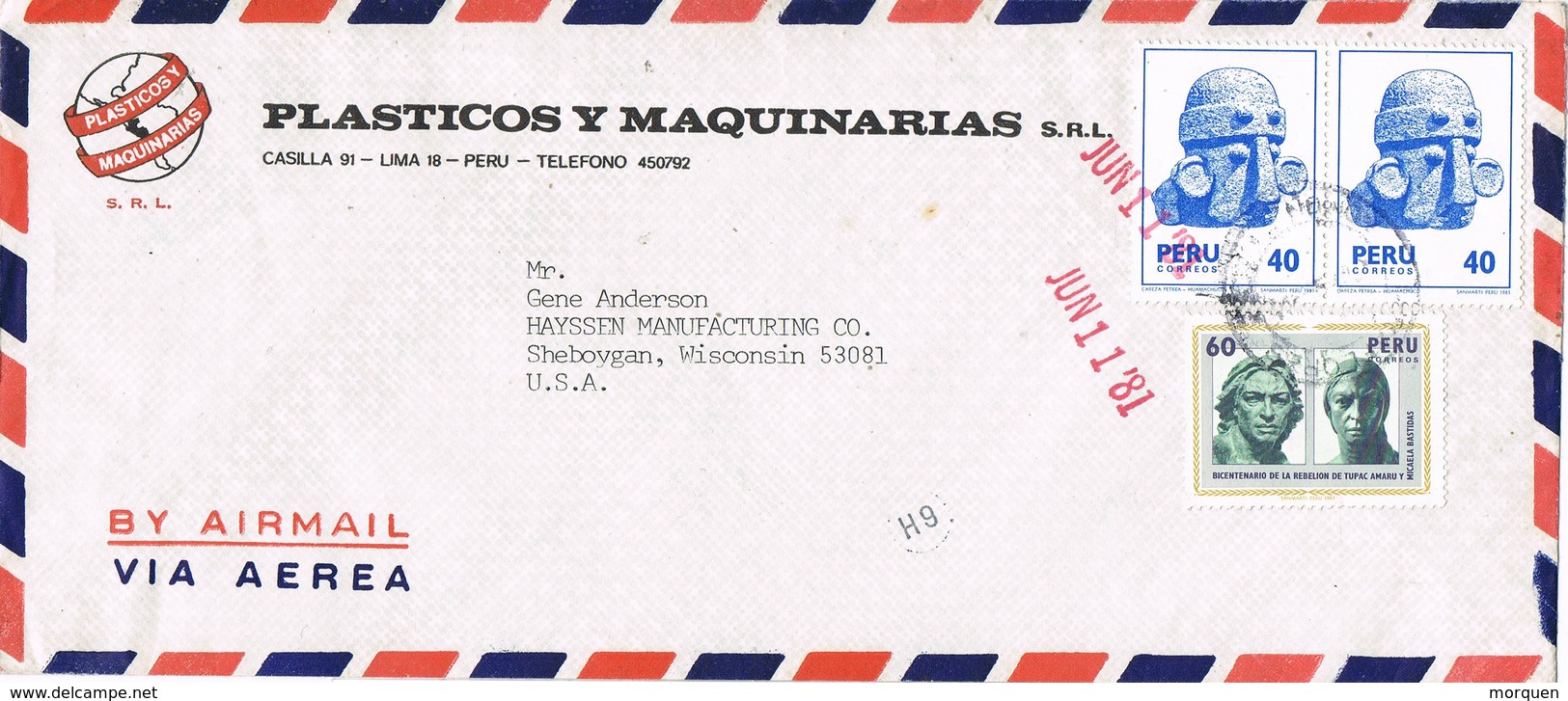 31725. Carta Aerea LIMA (Peru)  1981. Stamp Tupac Amaru. Comercial Plasticos - Perú