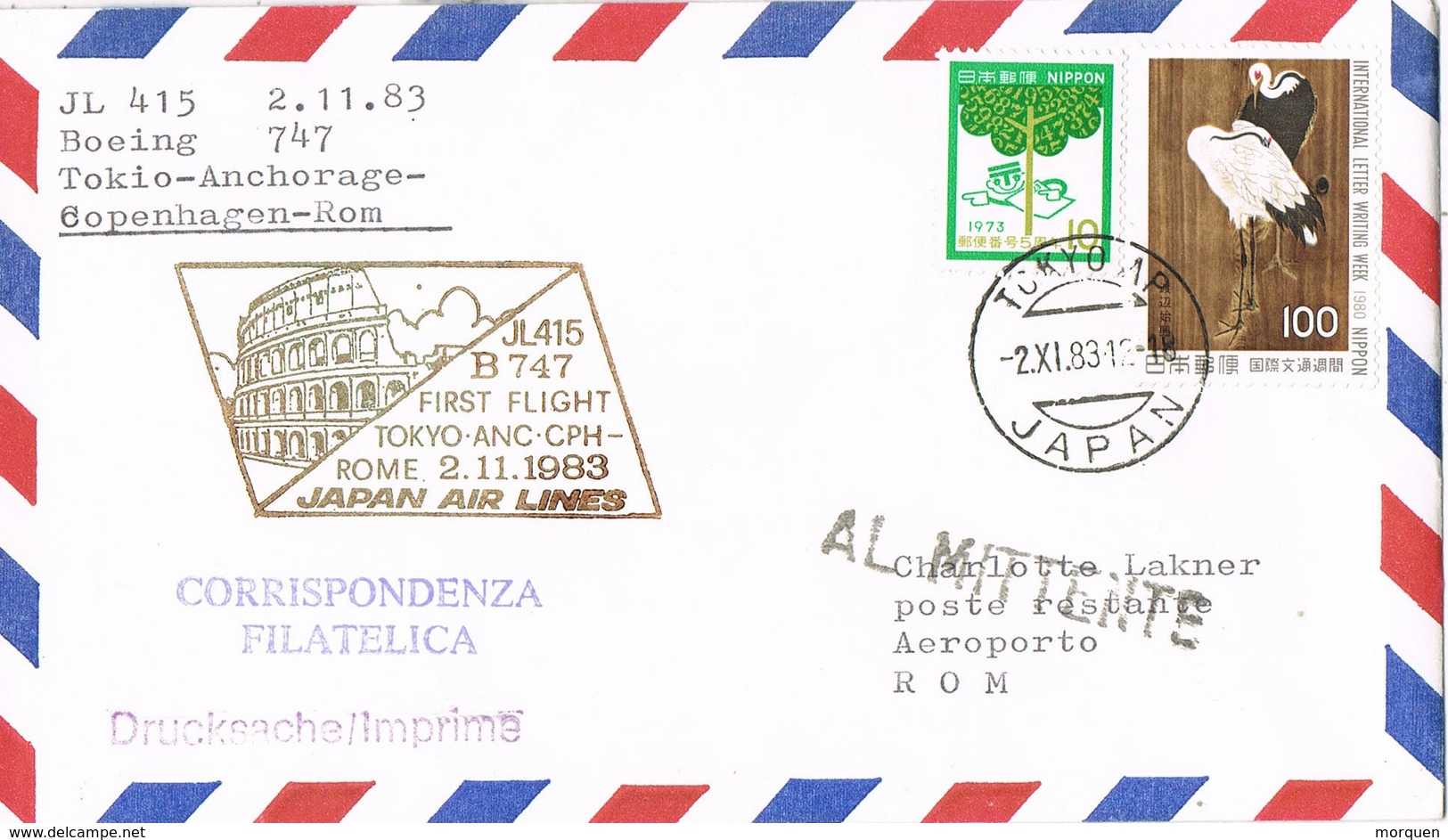 31730.  Carta Aerea First Fligth TOKYO (Japon)  A Roma 1983.Boeing 747. Devuelto A Remitente. RETOUR - Airmail
