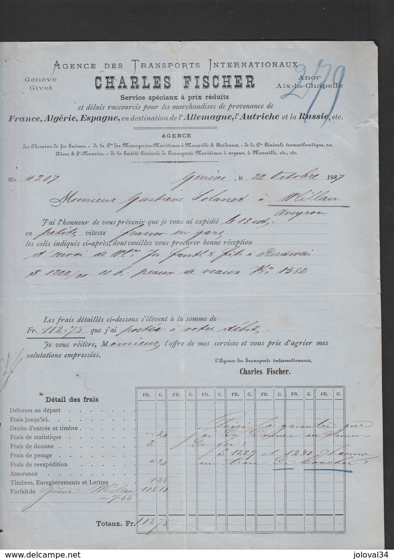 Suisse Facture 22/10/1887 Charles FISCHER Transports Internationaux GENEVE - Suisse