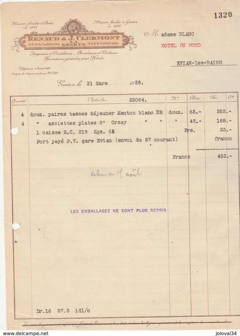 Suisse Facture Illustrée 31/3/1928 RENAUD & CLERMONT Argenterie Coutellerie Porcelaine Cristaux  GENEVE - Suisse