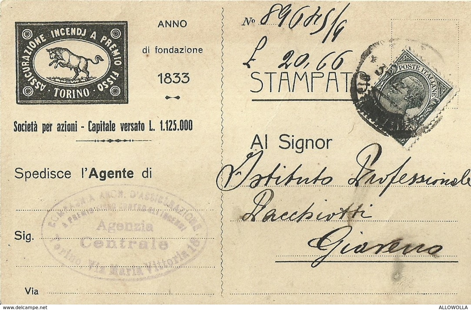 2957 " ASSICURAZIONE INCENDI A PREMIO FISSO-TORINO-SERVIZIO RISCOSSIONI-1° AVVISO " CART. ORIG. SPED. - Altri & Non Classificati