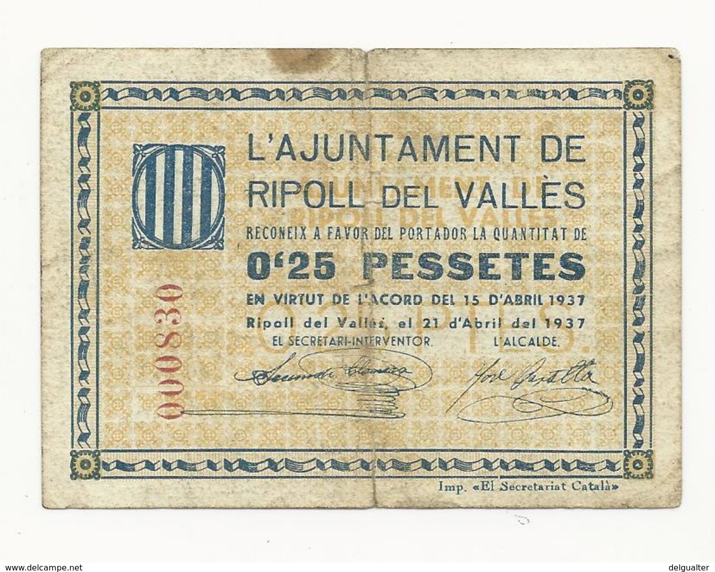 Spain Ajuntament De Ripoll Del Vallès 0,25 Pessetes 1937 - Autres & Non Classés