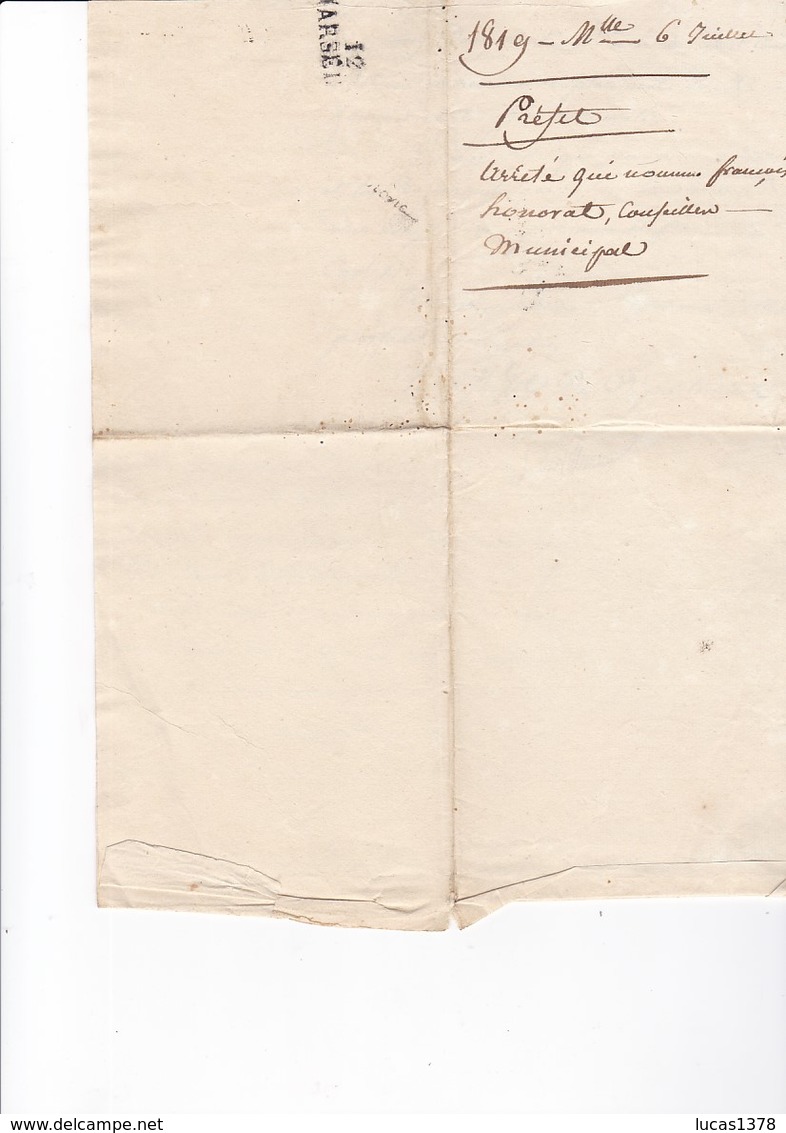 LETTRE 1819 / PREFET DES BOUCHES DU RHONE AU MAIRE DE ROQUEFORT LA BEDOULE / CACHET 12 MARSEILLE - 1801-1848: Precursores XIX