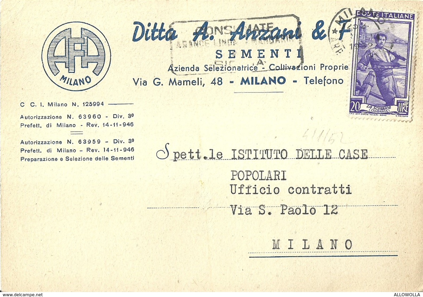 2959 " DITTA A. ANZANI & FIGLI-SEMENTI-MILANO - ALL'UFFICIO CONTRATTI ISTITUTO CASE POPOLARI MILANO " CART. ORIG. SPED. - Negozi