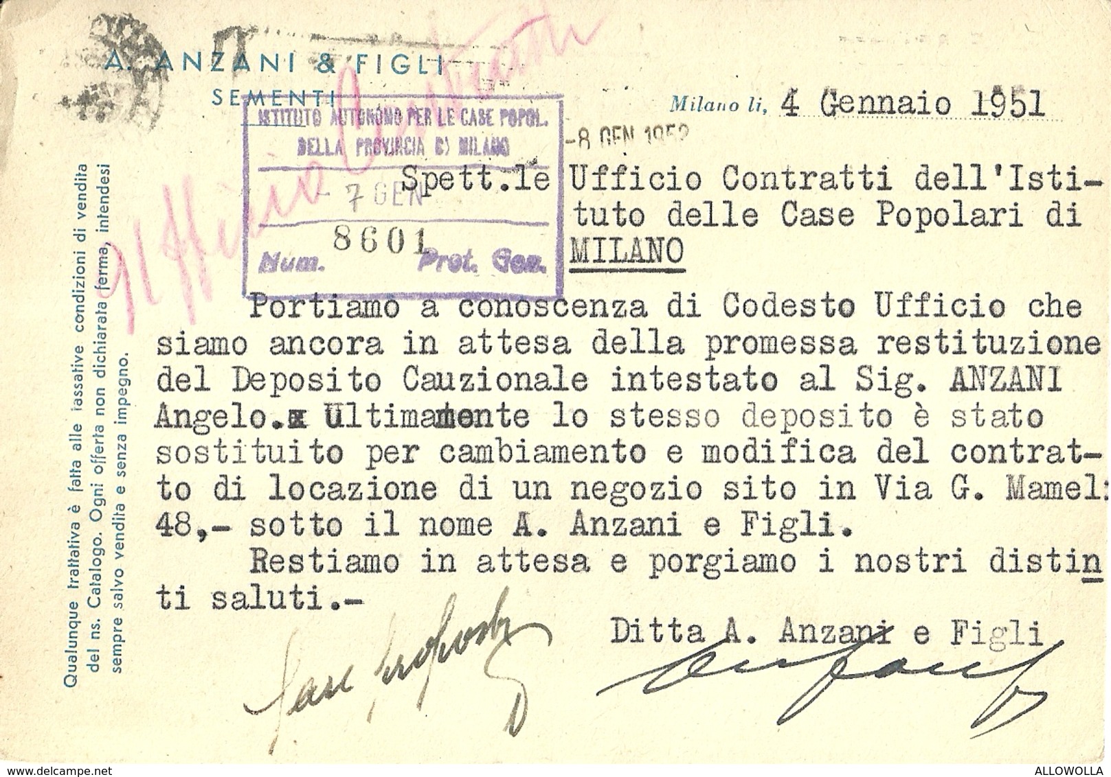 2959 " DITTA A. ANZANI & FIGLI-SEMENTI-MILANO - ALL'UFFICIO CONTRATTI ISTITUTO CASE POPOLARI MILANO " CART. ORIG. SPED. - Negozi