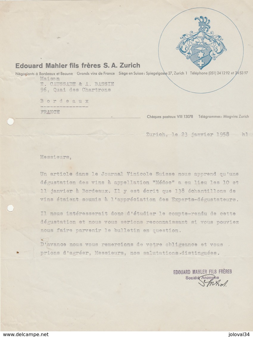 Suisse Lettre Illustrée 23/1/1958 Edouard MAHLER Négociants En Vin ZURICH - Suisse