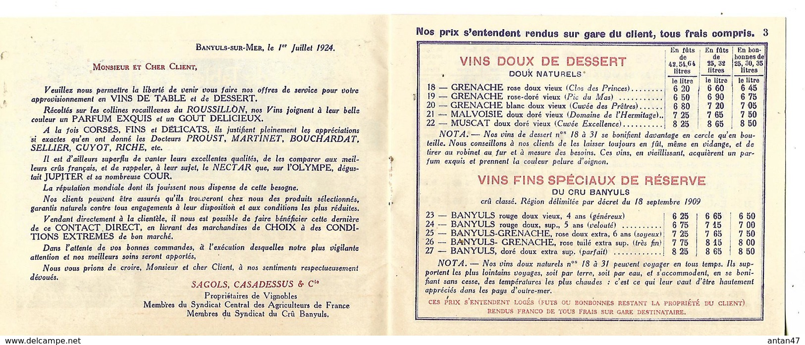 Livret Tarif + Encart / Association Vinicole SAINT LOUIS / 66 BANYULS SUR MER / - 1900 – 1949