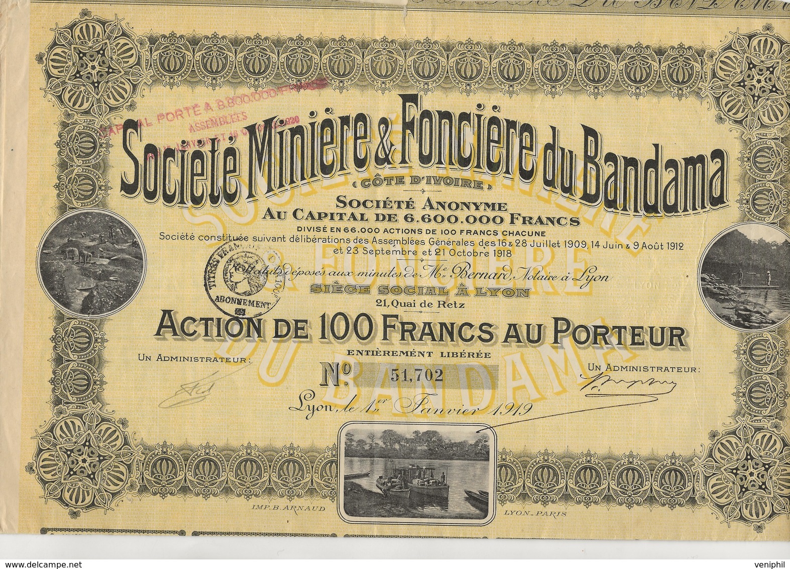 LOT DE 5 ACTIONS SOCIETE MINIERE ET FONCIERE DU BANDAMA -COTE D'IVOIRE - ANNEE 1919 - Mines