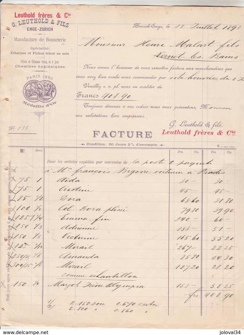 Suisse Facture Double Page 18/7/1893 LEUTHOLD Bonneterie ZURICH ENGE - Suisse