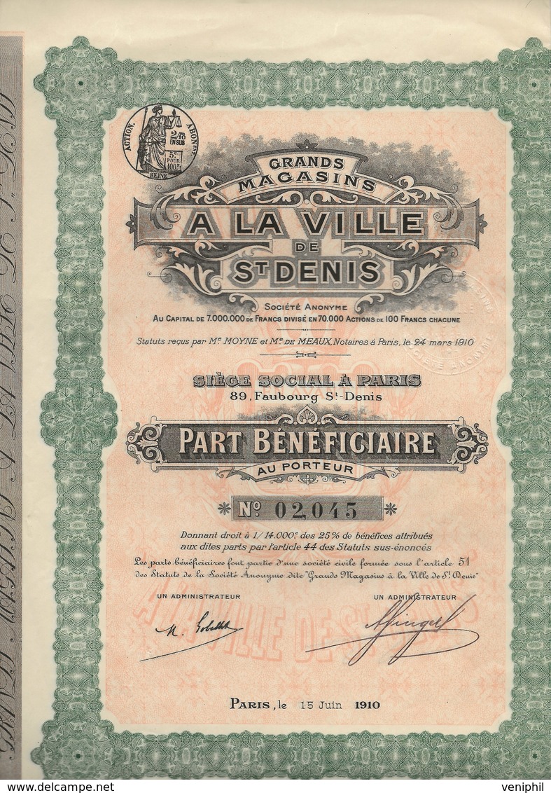 LOT DE 4 PARTS BENEFICIAIRE -GRANDS MAGASINS A LA VILLE DE ST DENIS - ANNEE 1910 - Other & Unclassified