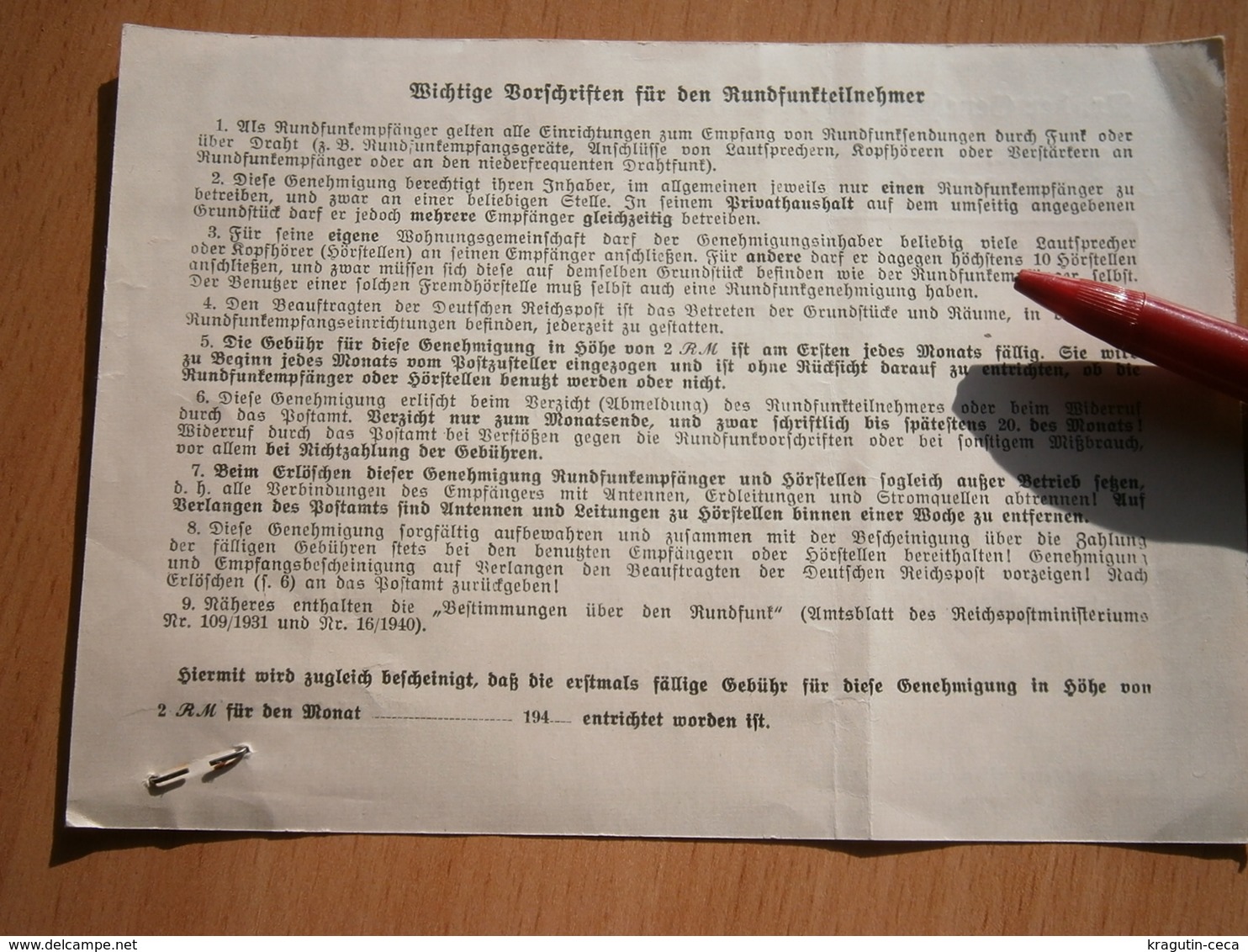 WWII 1943 RUNDFUNKEMPFÄNGERS Radioreceiver RECEIVER WIEN AUSTRIA OSTERREICH CARD ARMY GERMANY DEUTSCHES REICH DOCUMENT - 1939-45