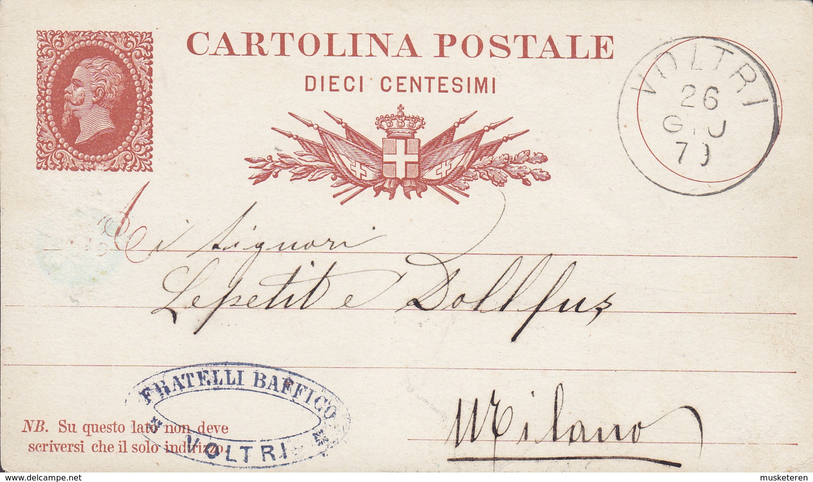Italy Postal Stationery Ganzsache Entier 10 Cmi Victor Emanuel II. FRATELLI BAFFICO 1879 MILANO (2 Scans) - Entiers Postaux