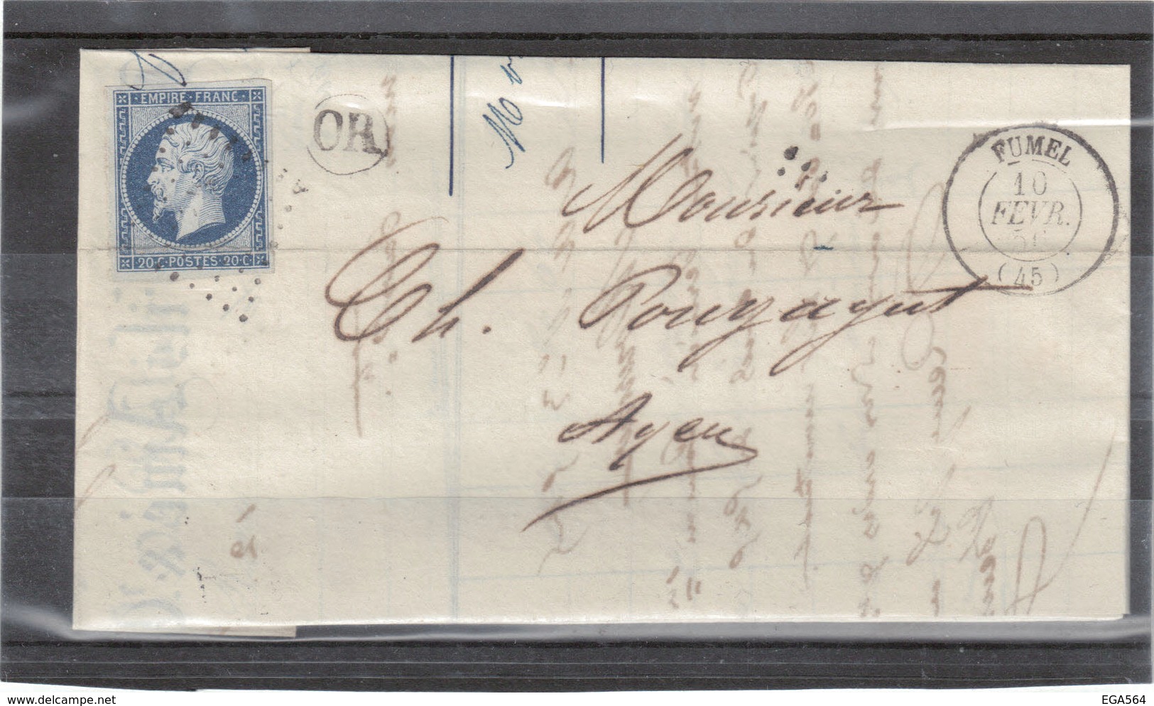 CP056 - Yvert 14 Sur Lettre De RATIER ( OR ) Cachet à Date De FUMEL Du 10.2.1852 Pour AGEN - - 1853-1860 Napoléon III