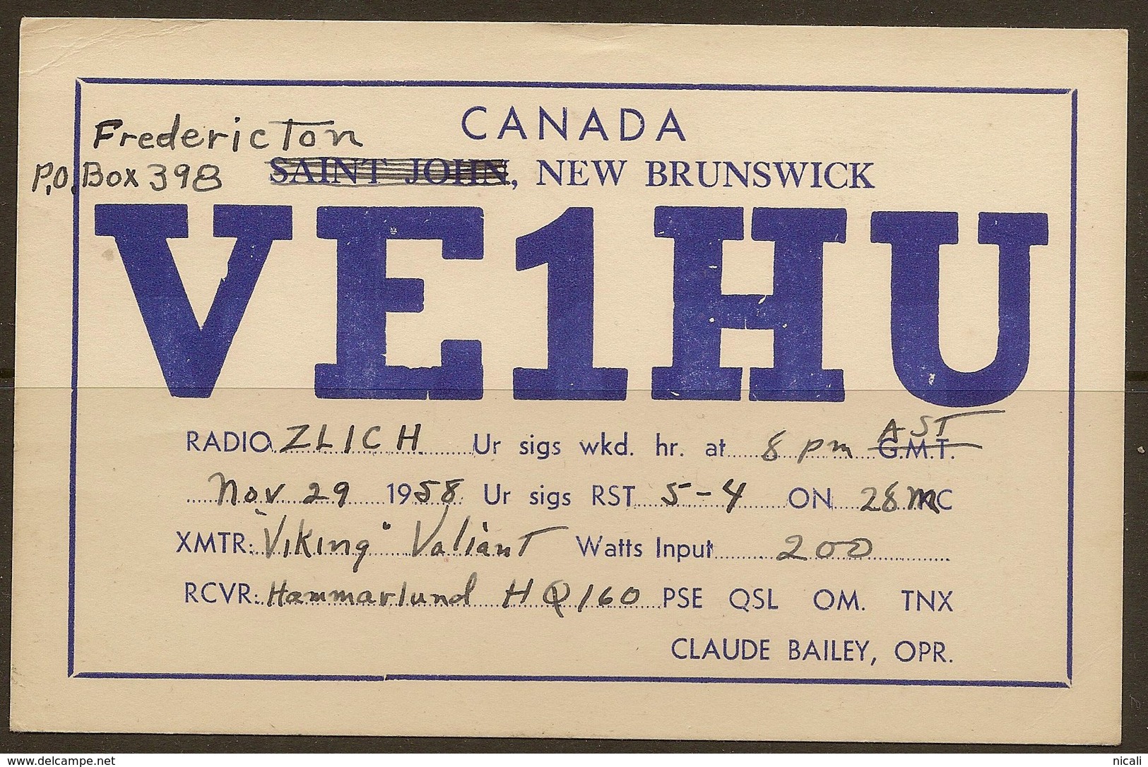 CANADA 1958 QSL Ham Radio Card VE1HU U ZZ1911 - Fredericton