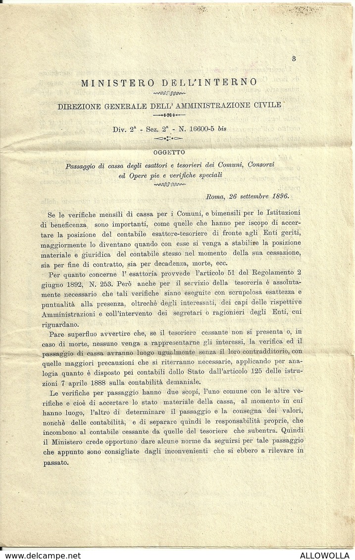 2974 " REGNO D'ITALIA-PREFETTURADELLA PROV. DI ALESSANDRIA-CIRCOLARE N°94 DEL19 OTTOBRE 1896 "  ORIGINALE - Decrees & Laws