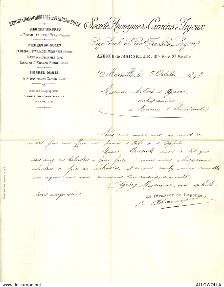 2975 " SOCIETE' ANONYME DES CARRIERES D'INJOUX-MARSEILLE-LETTERA PER AZIENDA DEL PRINCIPATO DI MONACO-1893 "  ORIGINALE - 1800 – 1899