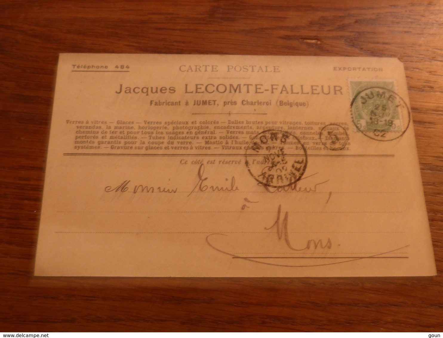 Entier Postal  Jacques Lecomte Falleur Jumet Fabricant Verrerie 1902 - Autres & Non Classés