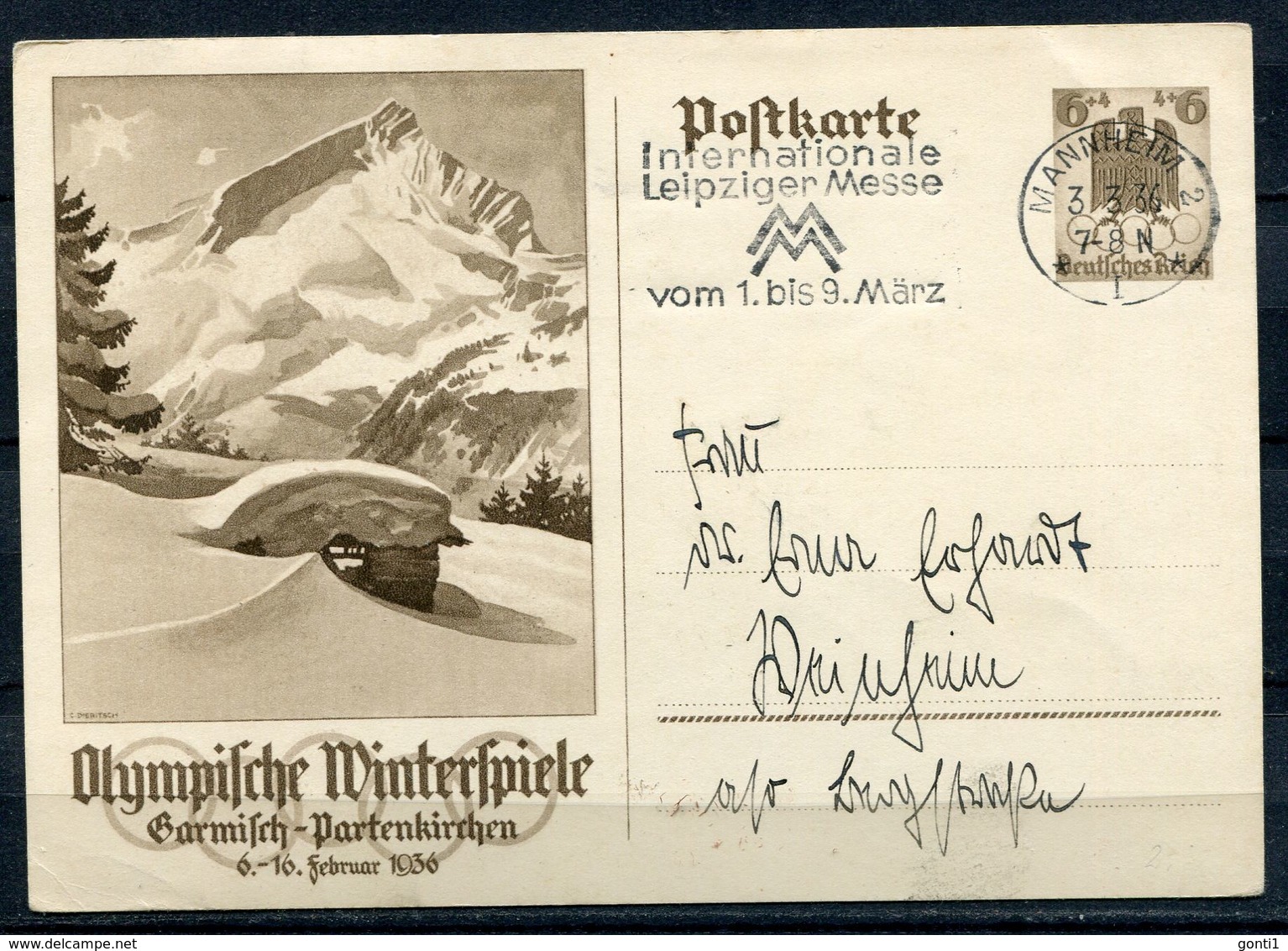 German Empires,DR 1936 GS Mi.Nr.P257"Olympische Winterspiele,Garmisch "mit MWST"Mannheim "1 GS Used - Winter 1936: Garmisch-Partenkirchen