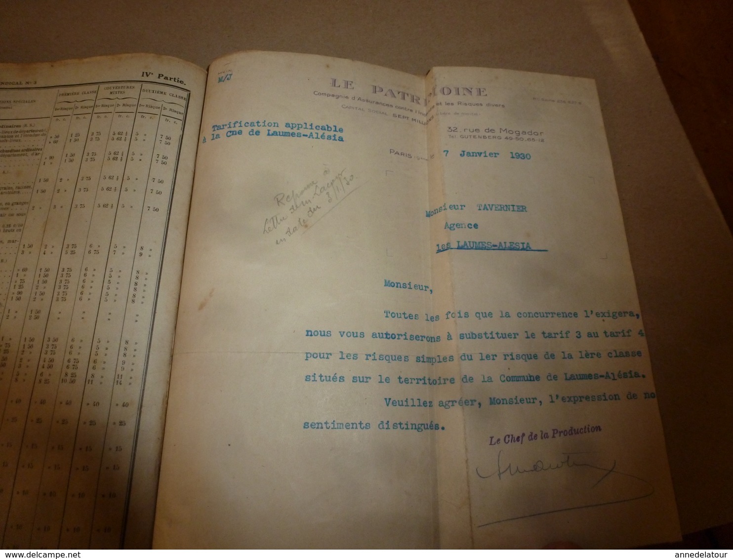 1929 LE PATRIMOINE :Tarifs INCENDIE  risques pour FRANCE-ALGERIE-TUNISIE-MAROC  Edition  Le Chartier & Dardonville