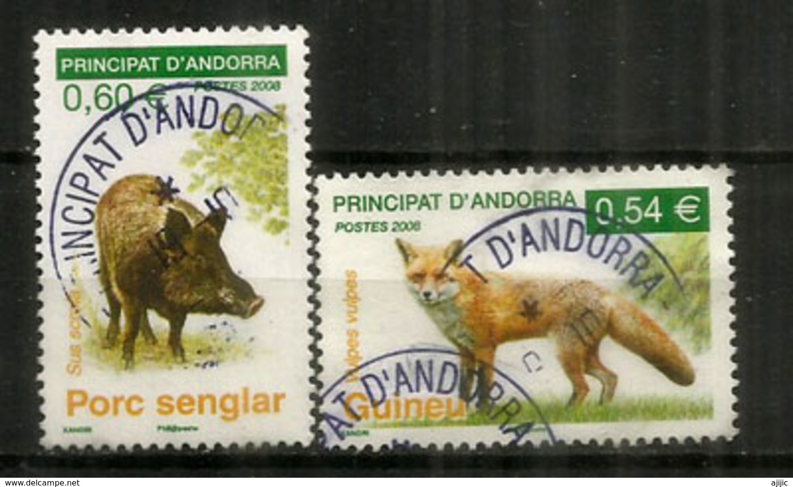 Faune D'Andorre: Le Renard Roux & Le Sanglier,  2 Timbres Oblitérés,1 ère Qualité, Oblitération Ronde. - Gebruikt