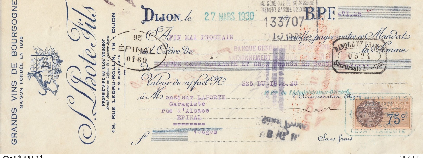 MANDAT S. LHOTE FILS - GRANDS VINS DE BOURGOGNE - CLOS VOUGEOT- DIJON - FISCAL - 1900 – 1949