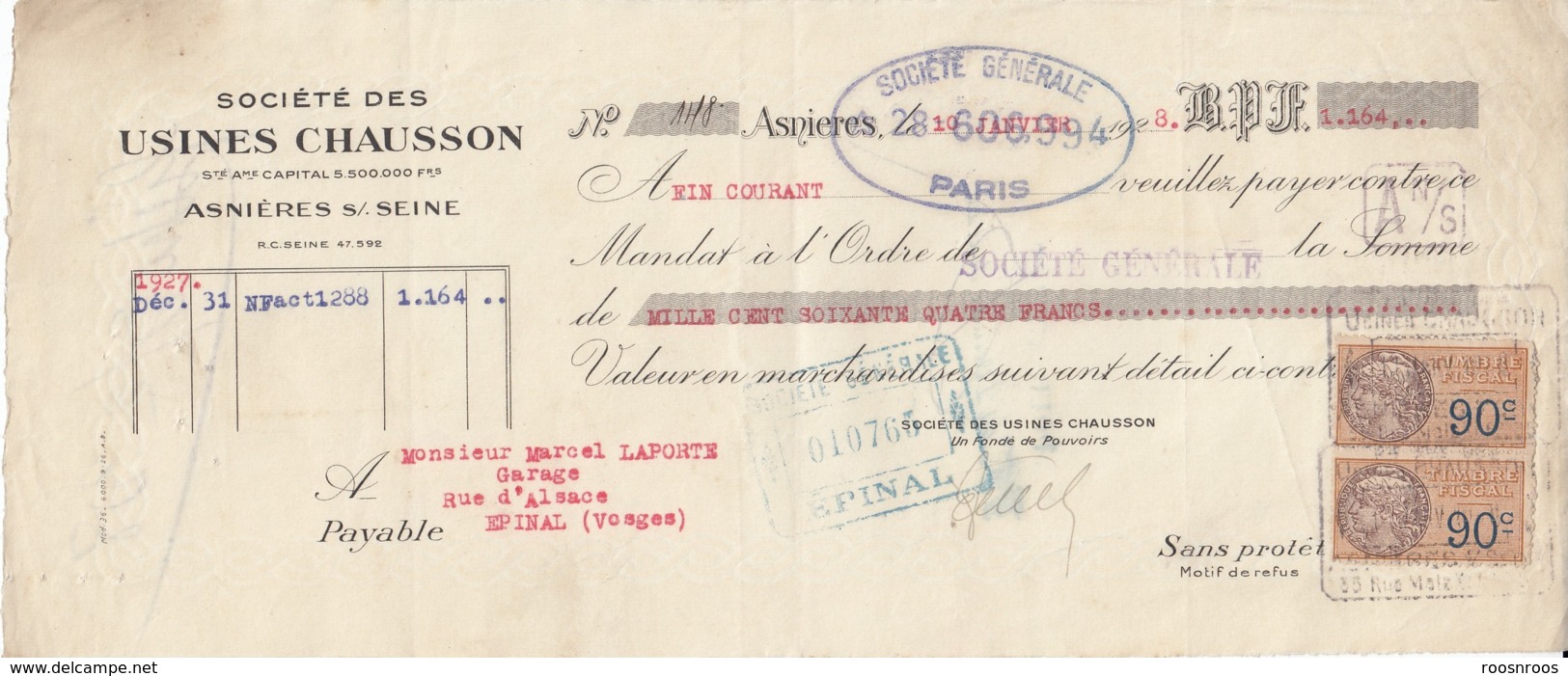 MANDAT USINES CHAUSSON - ASNIERES SUR SEINE - FISCAUX - 1900 – 1949