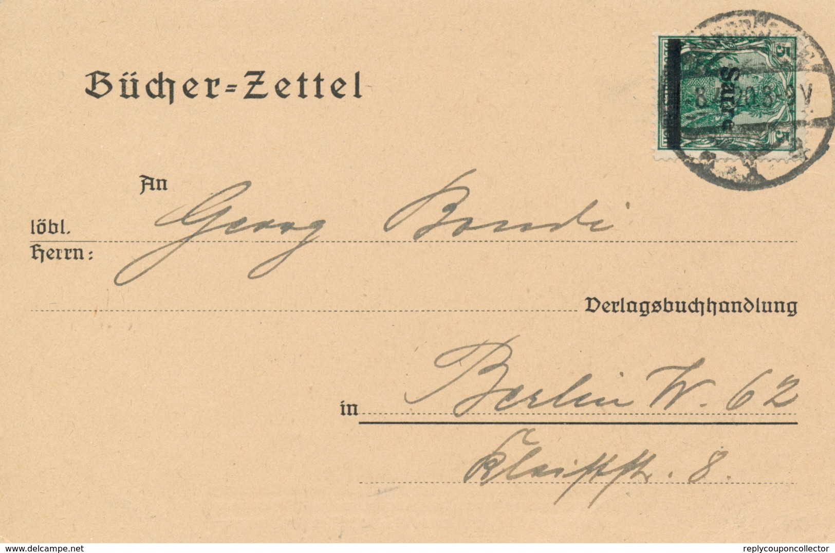 SAARBRÜCKEN - 1920 , Bücherzettel Nach Berlin - Interi Postali