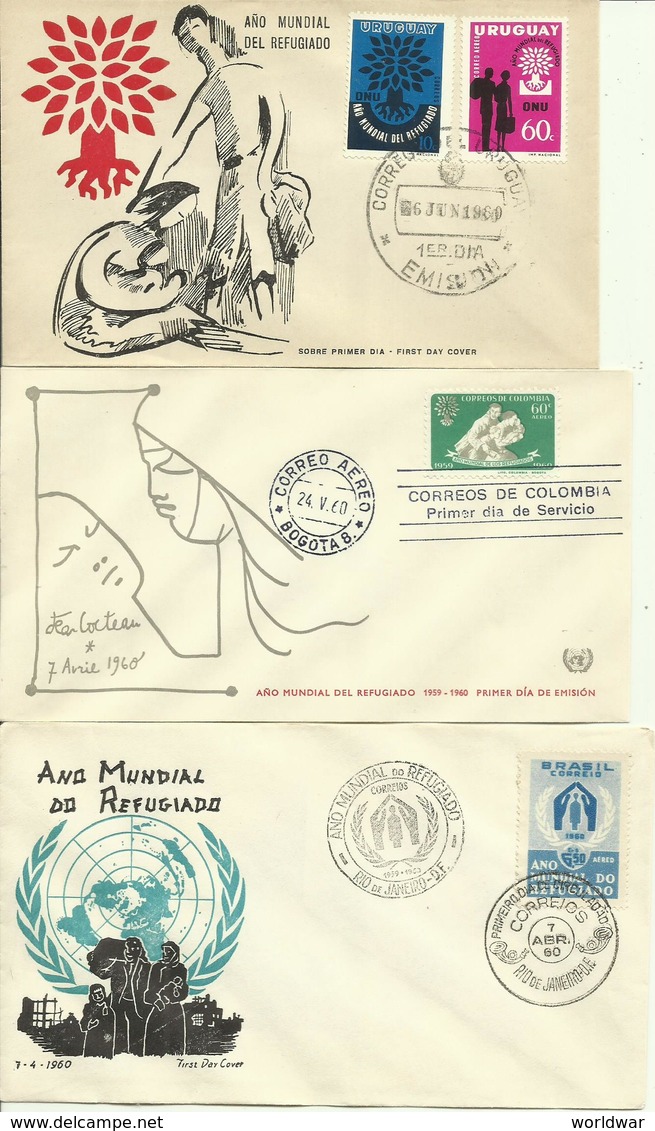 1960 World Refugee Year 6 Different FDC, Paraguay, Uruguay, Chili, Colombia, Brasil, Saoudi Arabia - Refugees