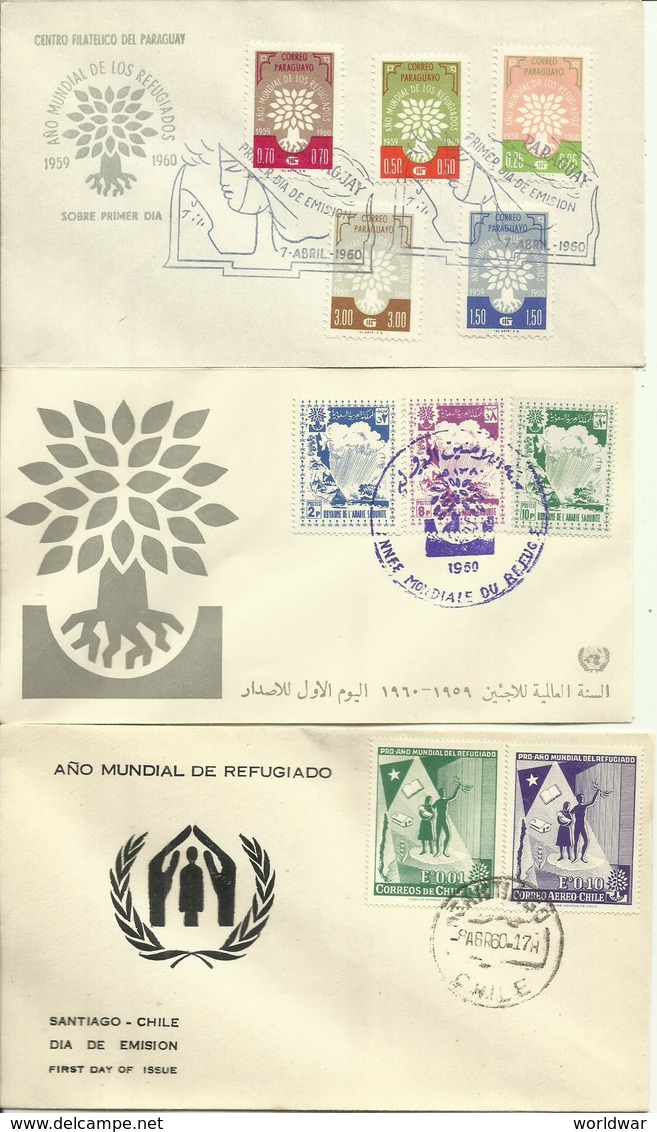 1960 World Refugee Year 6 Different FDC, Paraguay, Uruguay, Chili, Colombia, Brasil, Saoudi Arabia - Refugees