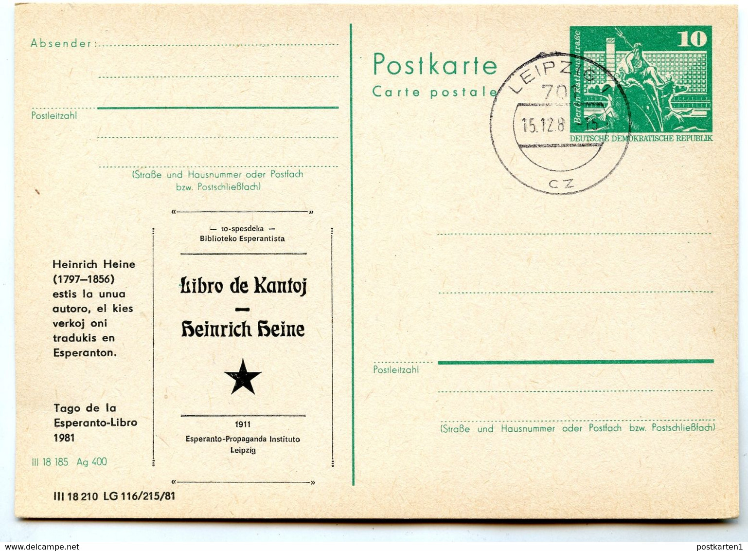 DDR P79-43-81 C174 Postkarte PRIVATER ZUDRUCK Esperanto Heinrich Heine Leipzig Stpl. 1981 - Privé Postkaarten - Gebruikt